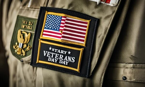 USA flag veteran patch on a military jacket.
