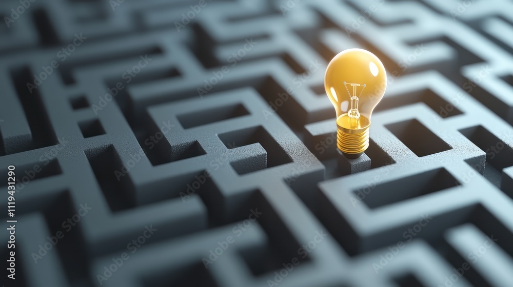 Poster illuminating the maze a lightbulb amidst a complex labyrinth of ideas