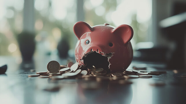 Broken piggy bank with coins scattered around, symbolizing financial struggle and the need for careful budgeting and saving.