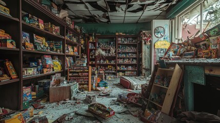Naklejka premium Abandoned toy store interior slung derelict forsaken outcast