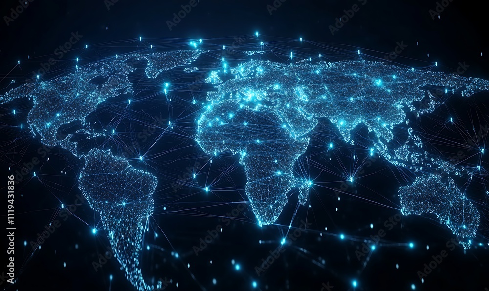 Poster blue abstract digital map of world map with lines and dots conected. suitable for travel, navigation