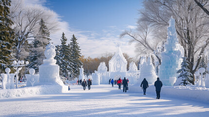 Winterlude, a winter festival with magnificent ice sculptures and snow carvings in a large park, visitors walking around in thick jackets, Ai generated images