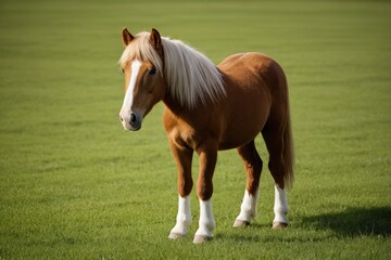 there is a brown horse standing in a field of grass