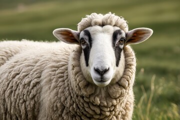 Naklejka premium there is a sheep that is standing in the grass looking at the camera