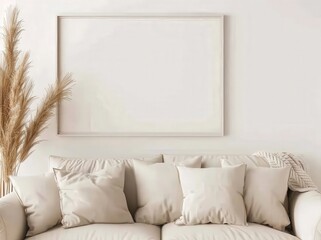 A minimalist living room interior with a beige sofa and a blank frame on the wall