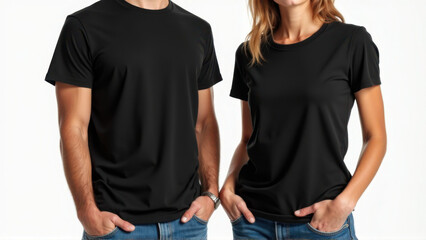 Men and women in a studio style t-shirt mockup, wearing a plain black t-shirt and blue jeans, highlighting their light skin tones and casual attire.