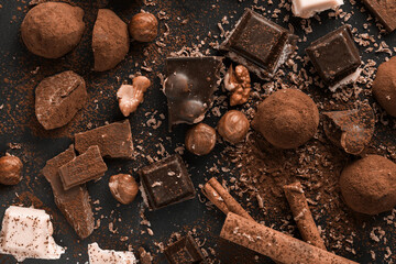 Delicious chocolate of various kinds. New trending colour of the 2025 year 