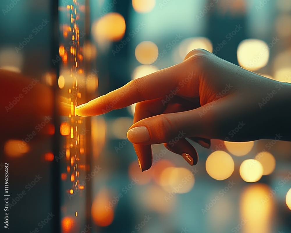 Aufkleber touching technology a hand interacting with a digital screen in a city environment