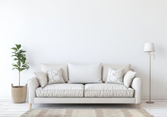 Minimalist living room interior with white sofa. rug. and plant
