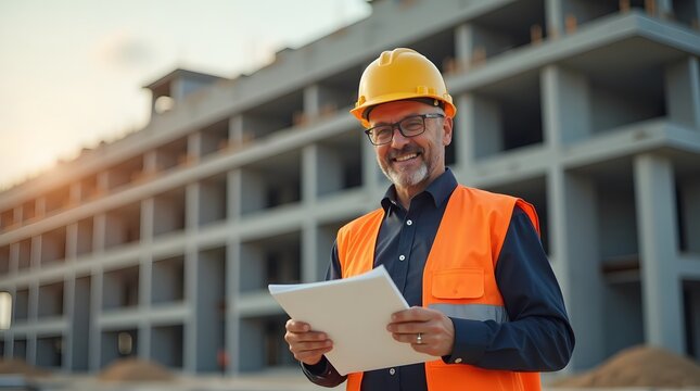 Smiling construction manager reviews blueprints, overseeing a modern building's progress. A successful project unfolds!