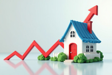 Rising interest rates and mortgage home prices surging as housing borrowing costs rise due to inflation and financial crisis concept as a house hit by a finance graph arrow