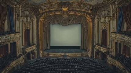 Fototapeta premium Large theater with a blank screen, ornate gold-trimmed curtains, and rows of empty classic seating.