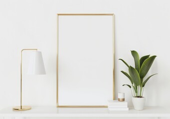 A gold frame mockup on a white table with a lamp. plant. and books