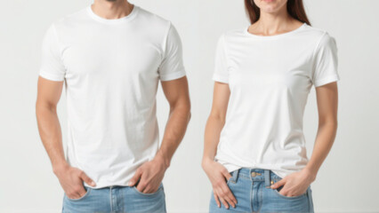 Men and women in a studio style t-shirt mockup, wearing a plain white t-shirt and blue jeans, highlighting their light skin tones and casual attire.