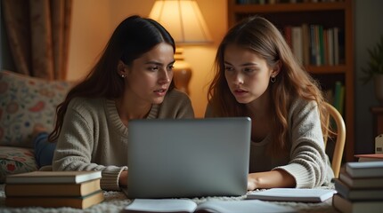 Focused sisters collaborate on a laptop, engrossed in their studies amidst books and a warm, inviting home setting.