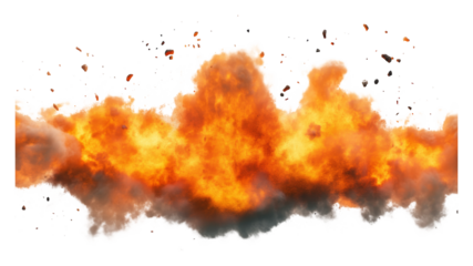 Explosion with fiery flames and smoke isolated on transparent background. Dramatic energy and destruction concept