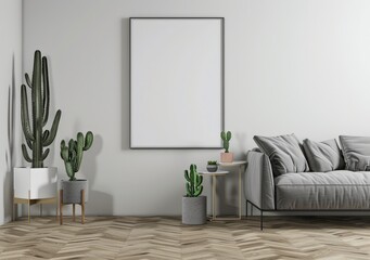 Minimalist living room interior with a gray sofa. wooden floor. and cactus plants in pots A large black framed poster hangs on the white wall