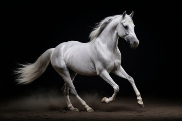 there is a white horse running in the dark with a black background