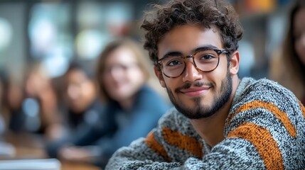 A young man with glasses is smiling at the camera
