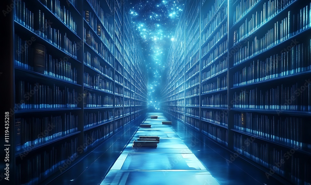 Poster a long corridor in a modern data center or library with rows of tall glassenclosed shelves on either