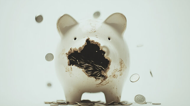 Broken piggy bank with coins scattered around, symbolizing financial struggle and the need for careful budgeting and saving.