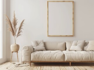 A modern living room interior with a large blank frame above a beige sofa with throw pillows There is a tall plant in a beige vase to the left of the frame and a wood floor
