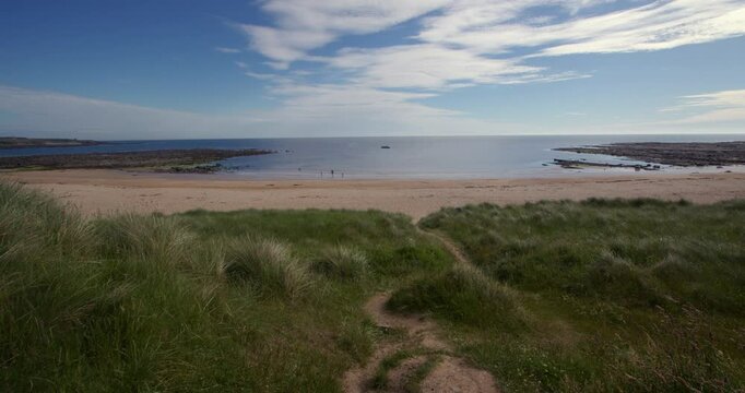 extra wide shot looking north east from the dunes at Longhoughton beach of the howdiemony sands at lowtide, Alnwick