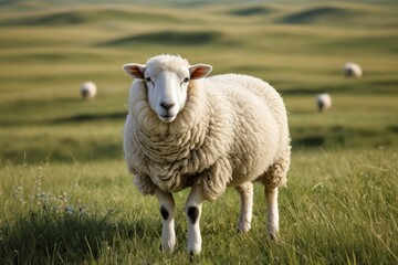 Obraz premium there is a sheep standing in a field of grass with other sheep