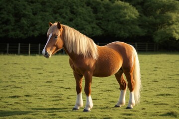 there is a brown horse standing in a field with trees in the background