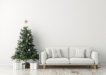 Minimalist Christmas living room with a decorated Christmas tree. white sofa and presents