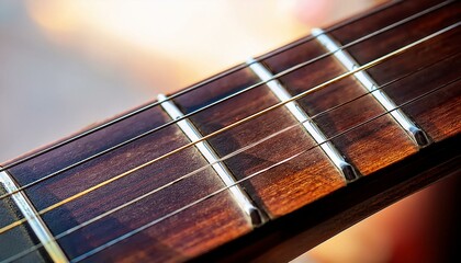 Obraz premium A detailed view of guitar frets and strings on the neck of an acoustic guitar.