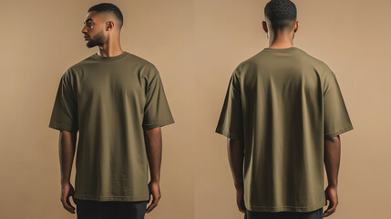 mockup of a man wearing a olive green oversized plain t-shirt, front and back isolated on a cream background, Ai generated images