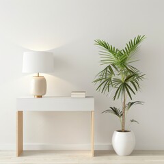 Minimalist interior design with a white console table. a lamp. and a potted plant
