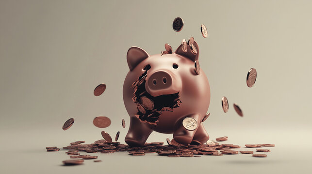 Broken piggy bank with coins scattered around, symbolizing financial struggle and the need for careful budgeting and saving.