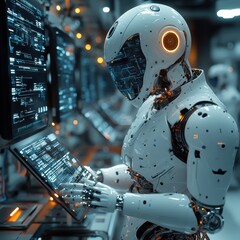 Advanced AI Robots Analyzing Predictive Data in Lab