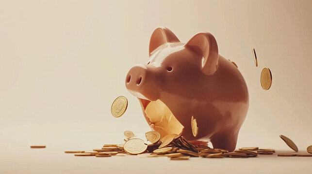 Broken piggy bank with coins scattered around, symbolizing financial struggle and the need for careful budgeting and saving.