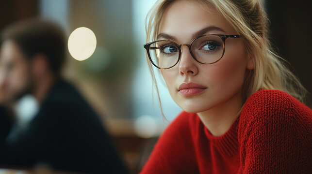 Businesswoman in red sweater and glasses sitting at meeting with colleagues in office room