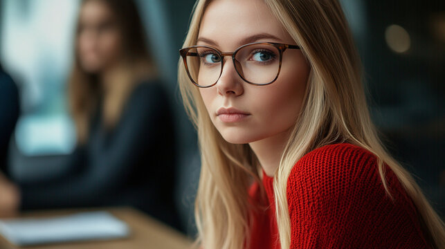 Businesswoman in red sweater and glasses sitting at meeting with colleagues in office room - Powered by Adobe