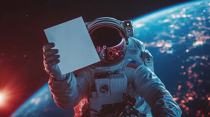 Astronaut in spacesuit with white sheet mockup in outer space against planet Earth