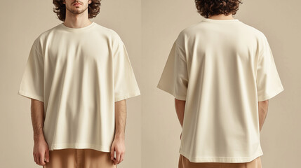 mockup of a man wearing a beige oversized plain t-shirt, front and back isolated on a cream background, Ai generated images