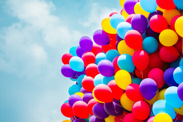 Colorful Array of Helium Balloons in Blue Sky Capturing Joyful Celebrations and Festive Atmosphere...