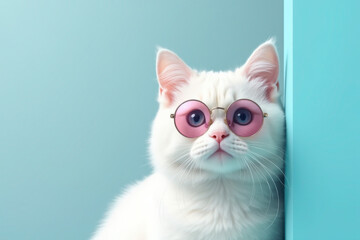 A cool white cat wearing pink-tinted sunglasses, complemented by a solid light blue background, showcasing a modern and whimsical aesthetic.