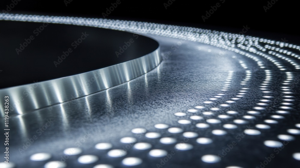Poster minimalist silver metallic console with illuminated buttons and shiny decorative patterns.