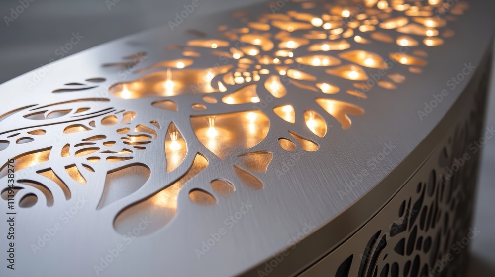Poster minimalist silver metallic console with illuminated buttons and shiny decorative patterns.