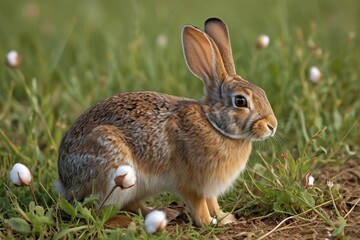 Fototapeta premium there is a rabbit that is standing in the grass with some cotton