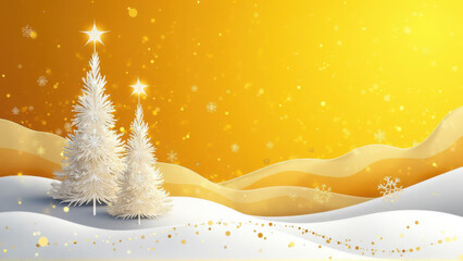 A winter landscape with undulating golden and silver waves, snow-covered hills, and two Christmas trees, enhancing the serene atmosphere and festive atmosphere.