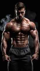 A Stunning Portrait of a Muscular Bodybuilder Posing Against a Dramatic Dark Background with Smoke, Showcasing His Intense Gaze and Well-Defined Physique: A Masterpiece of Fitness Photography