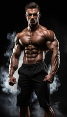 A Striking Portrait of a Muscular Bodybuilder Posing Against a Smoky Black Background: Fitness, Strength, and Determination