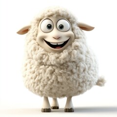 Happy cartoon sheep with fluffy wool, smiling cheerfully against a white background.