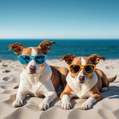 Two Adorable Dogs Wearing Sunglasses Enjoying a Sunny Beach Day: A Summer Vacation Paradise